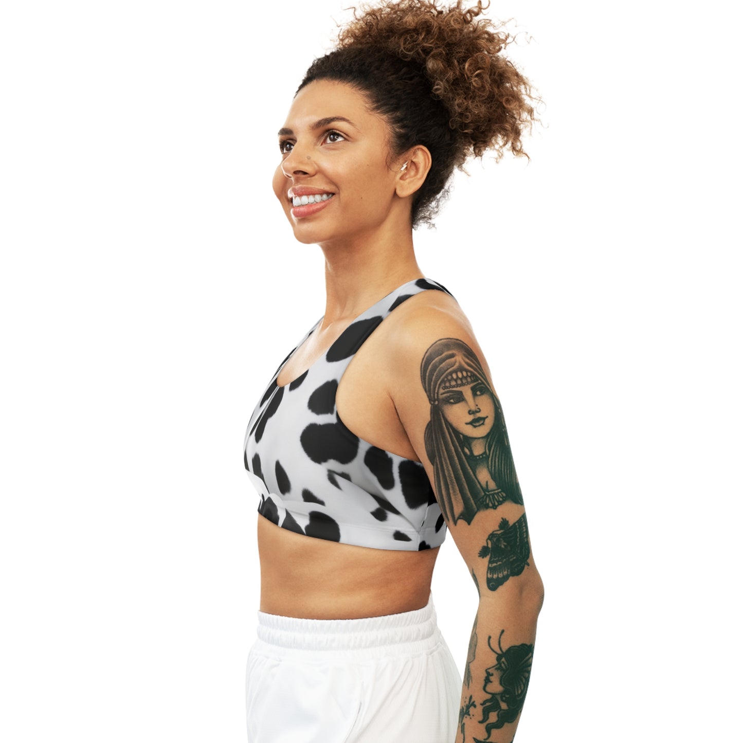 Women's Fashion Embrace the Whimsy with our Black and White Folded Cow Print Seamless Sports Top/Bra Gym Workout Swim Swimsuit