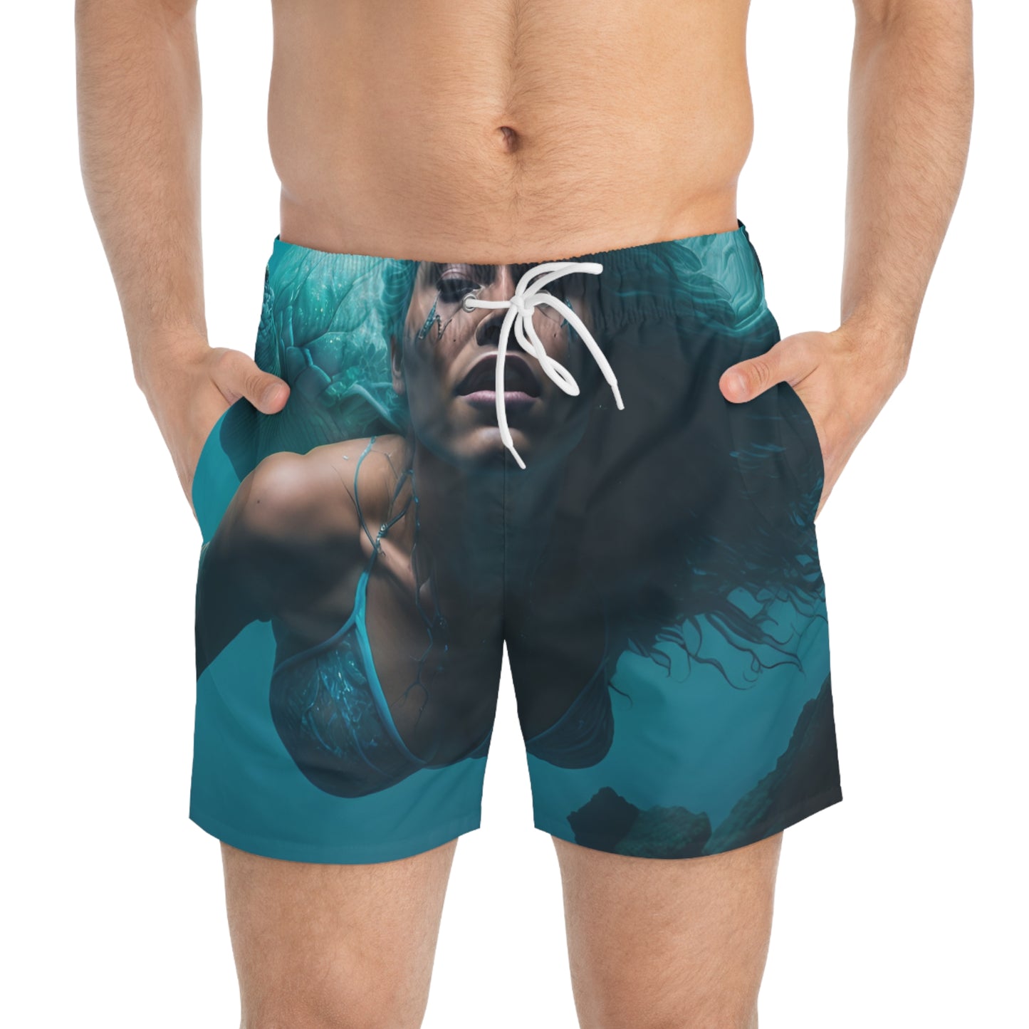 Men's Merman Swim Trunks, Mermaid Swimming Graphic, Inspired by the Little Mermaid & King Triton, Bold, Stylish Beach/Pool Swimwear Shorts
