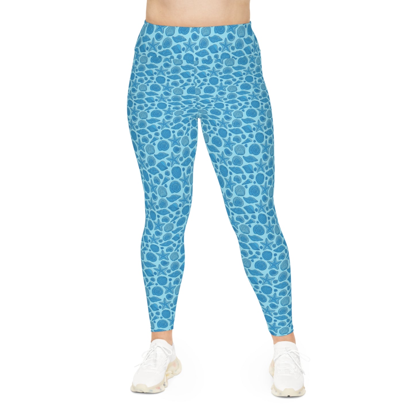 Plus Size Leggings - Mermaid Starfish Seashell Design - 4-Way Stretch, High-Rise Waistband, UPF 50+