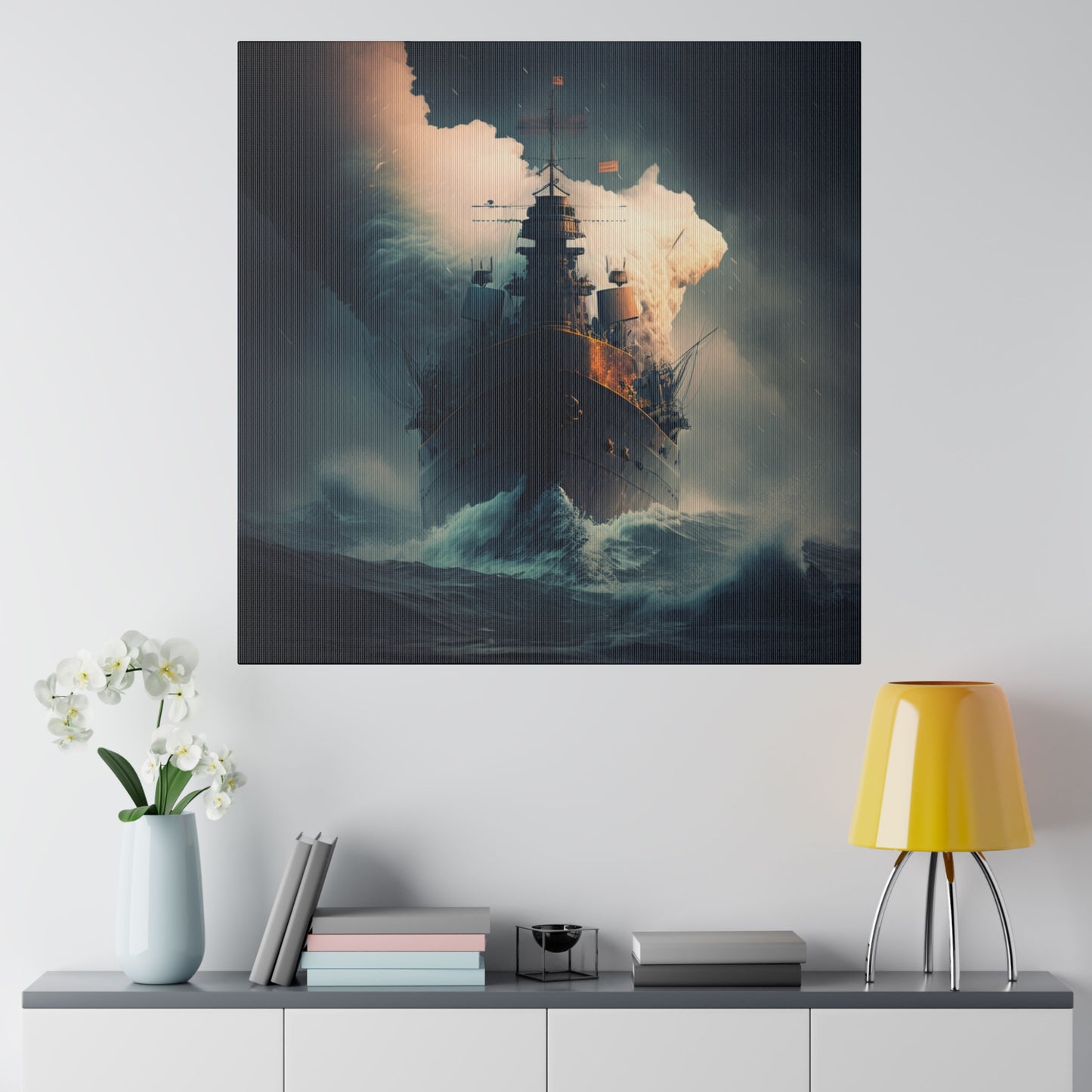 Braving the Storm: Steel Ship Sailing Through Ocean Waves Print Matte Canvas Art Stretched, Sea Boat Battleship in Storm Spirit Adversity