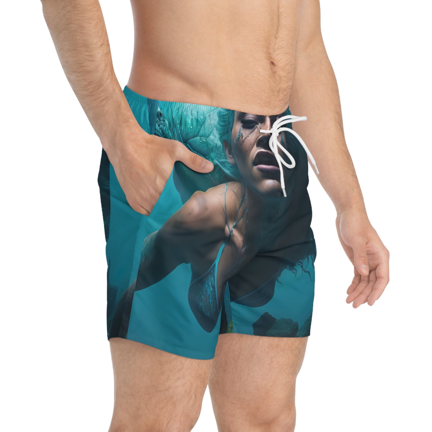 Men's Merman Swim Trunks, Mermaid Swimming Graphic, Inspired by the Little Mermaid & King Triton, Bold, Stylish Beach/Pool Swimwear Shorts