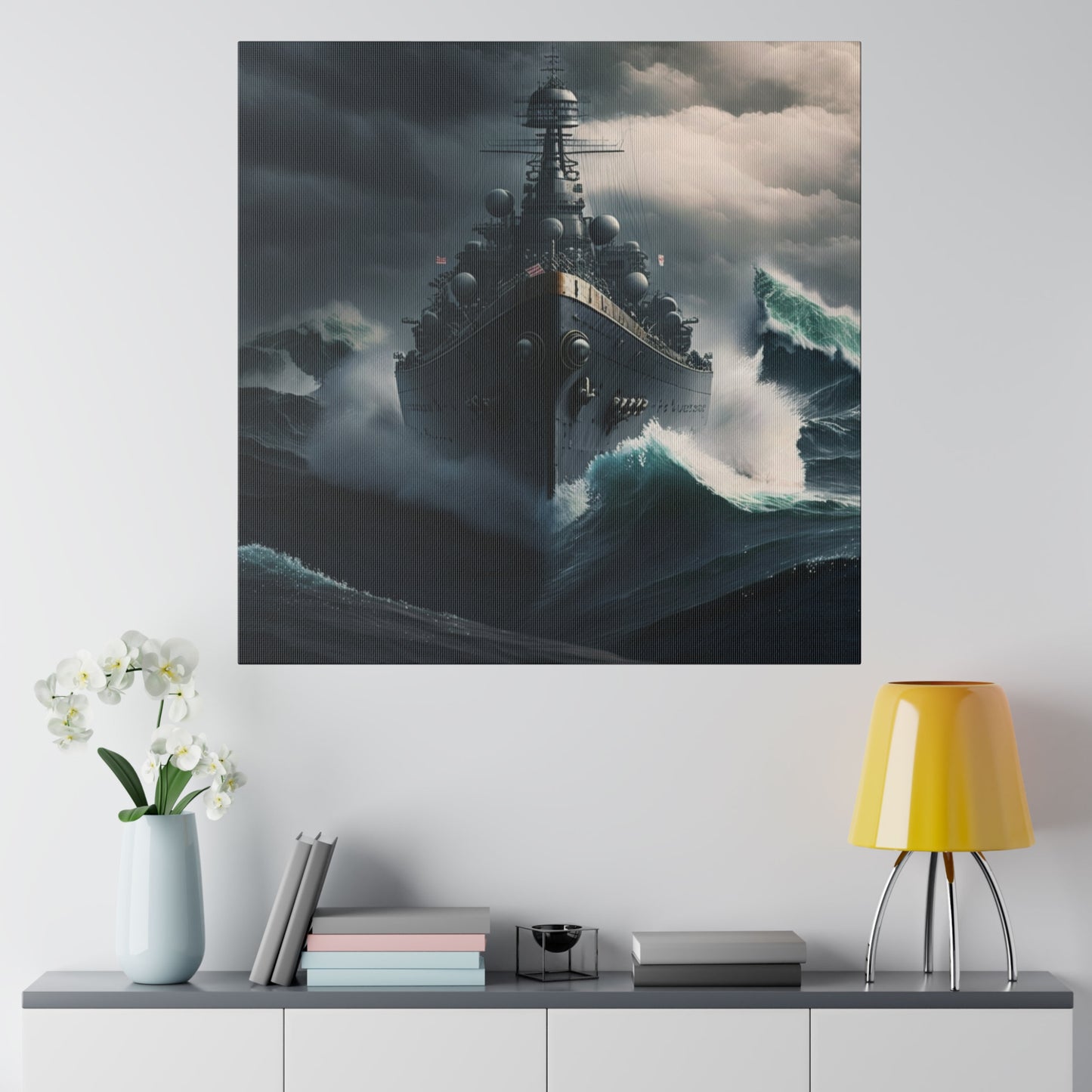 Ocean's Conqueror: Steel Ship Battling Raging Waves Canvas Art, Wall Home Decor, Print Matte Canvas Stretched, Battleship Boat Ocean Storm