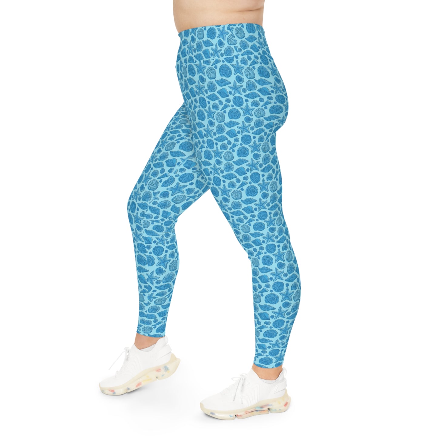 Plus Size Leggings - Mermaid Starfish Seashell Design - 4-Way Stretch, High-Rise Waistband, UPF 50+