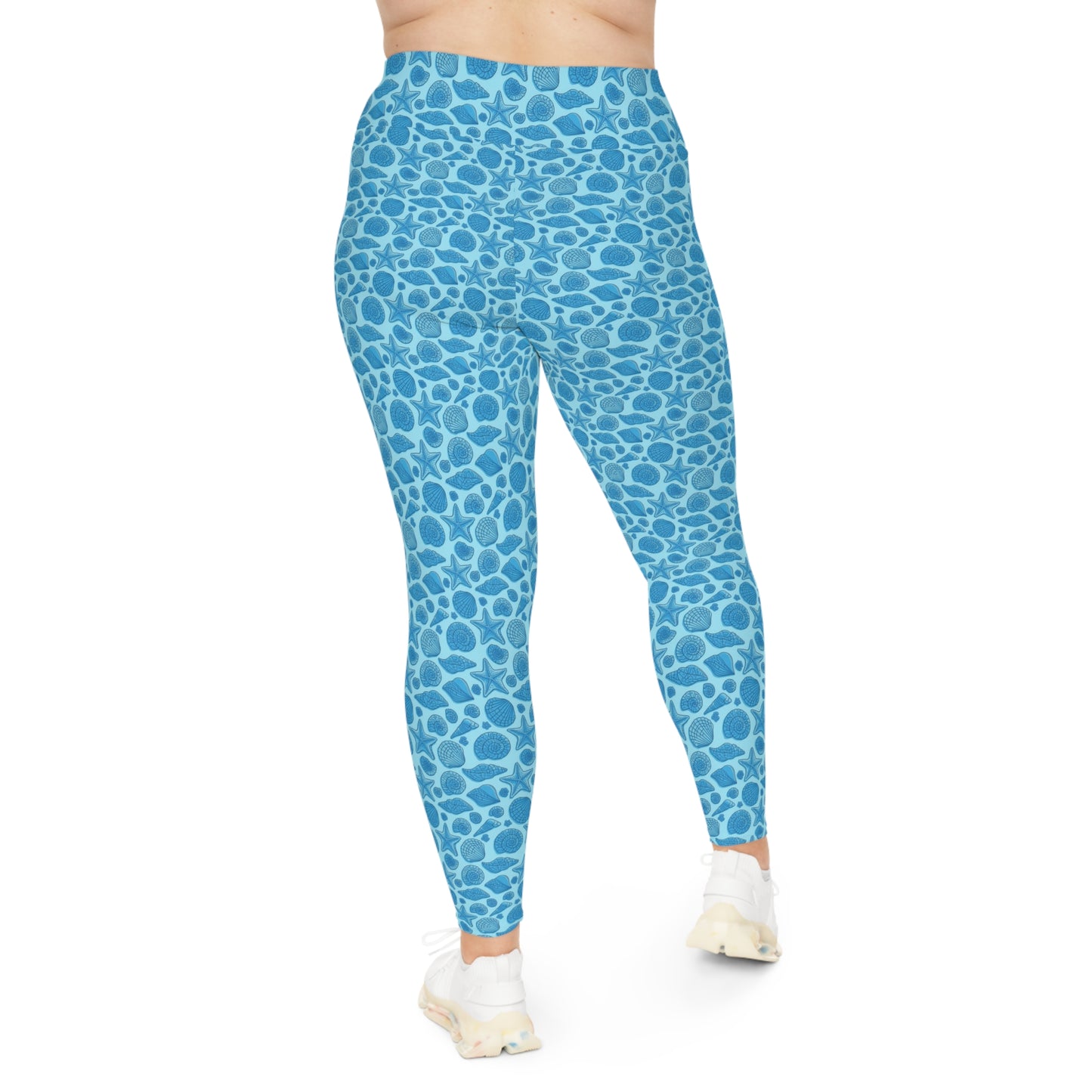 Plus Size Leggings - Mermaid Starfish Seashell Design - 4-Way Stretch, High-Rise Waistband, UPF 50+