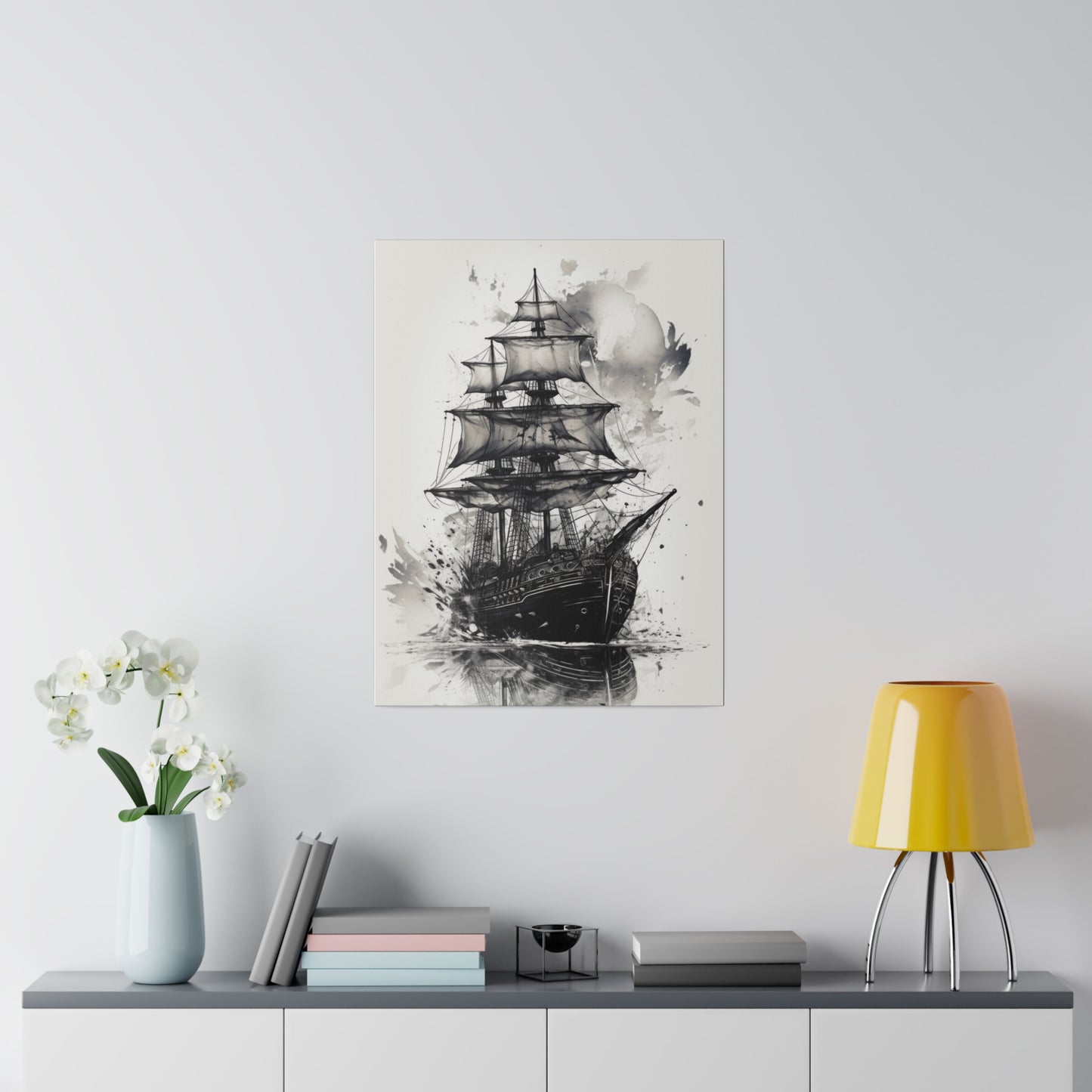Legendary Voyage Watercolor Black Pearl Ship, Calm Waters Matte Stretched Canvas, Ready to Hang, Pirate Boat on the Sea/Ocean. Black & White