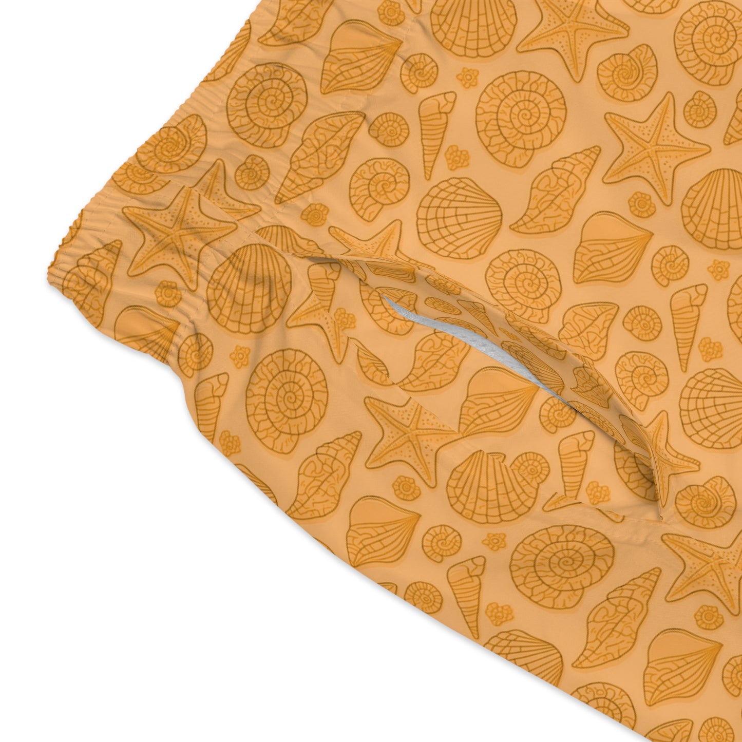 Men's Merman Swim Trunks, Orange Starfish and Seashells, Homage to the Little Mermaid & King Triton's Realm, Stylish Beach/Pool Swimwear