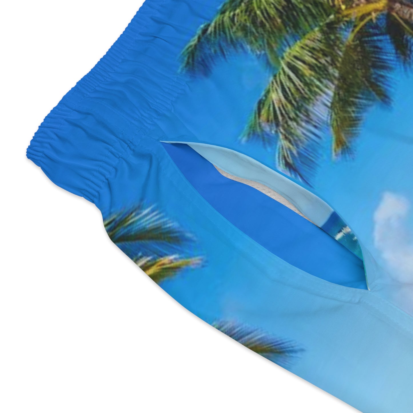 Mens Merman Swim Trunks, Beach Bliss, Ocean View, and Palm Tree Paradise, Bask in the Blue Skies of Ariels Realm, Unique Beach/Pool Swimwear