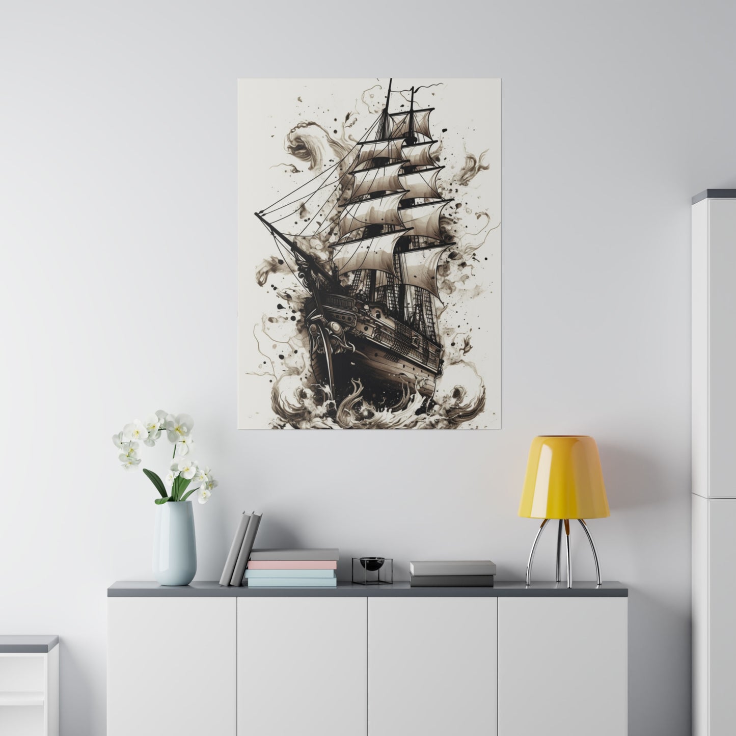 Timeless Voyage Sepia Toned Black Pearl Ship, Splashing Waves Stretched Canvas Print Ready To Hang, Vintage Nautical Wall Art Sailboat Ocean