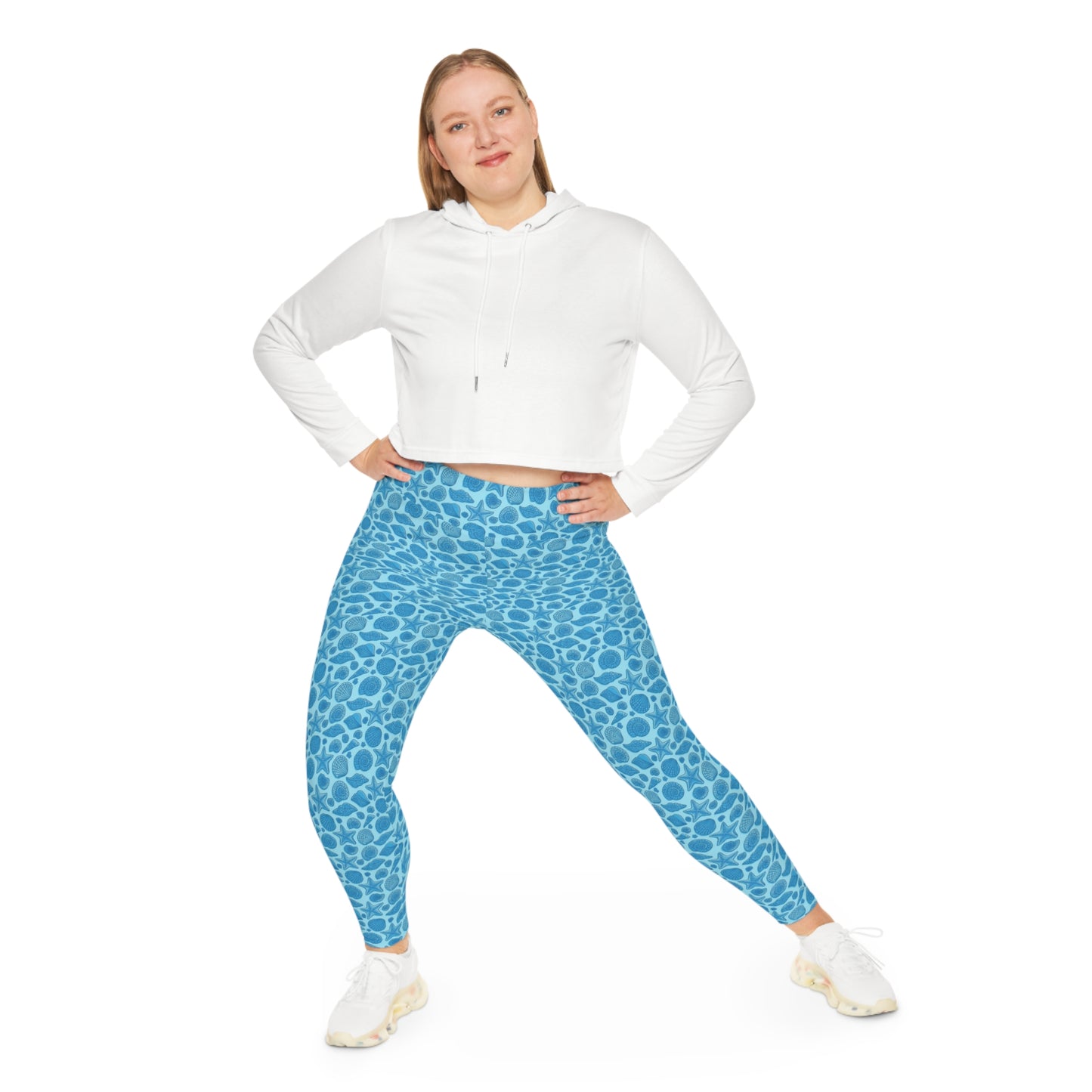 Plus Size Leggings - Mermaid Starfish Seashell Design - 4-Way Stretch, High-Rise Waistband, UPF 50+