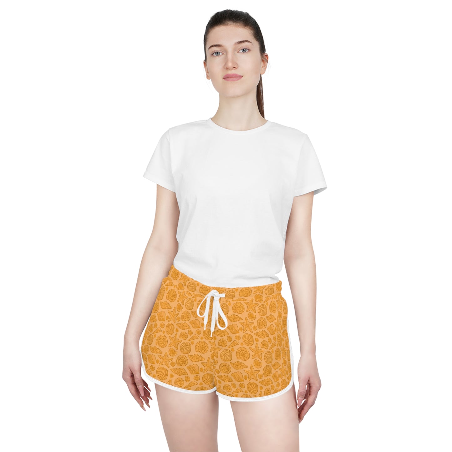 Orange Gym Shorts with Starfish and Seashell Pattern, Embrace the Little Mermaid Spirit! Ocean Inspired Women's Relaxed Shorts