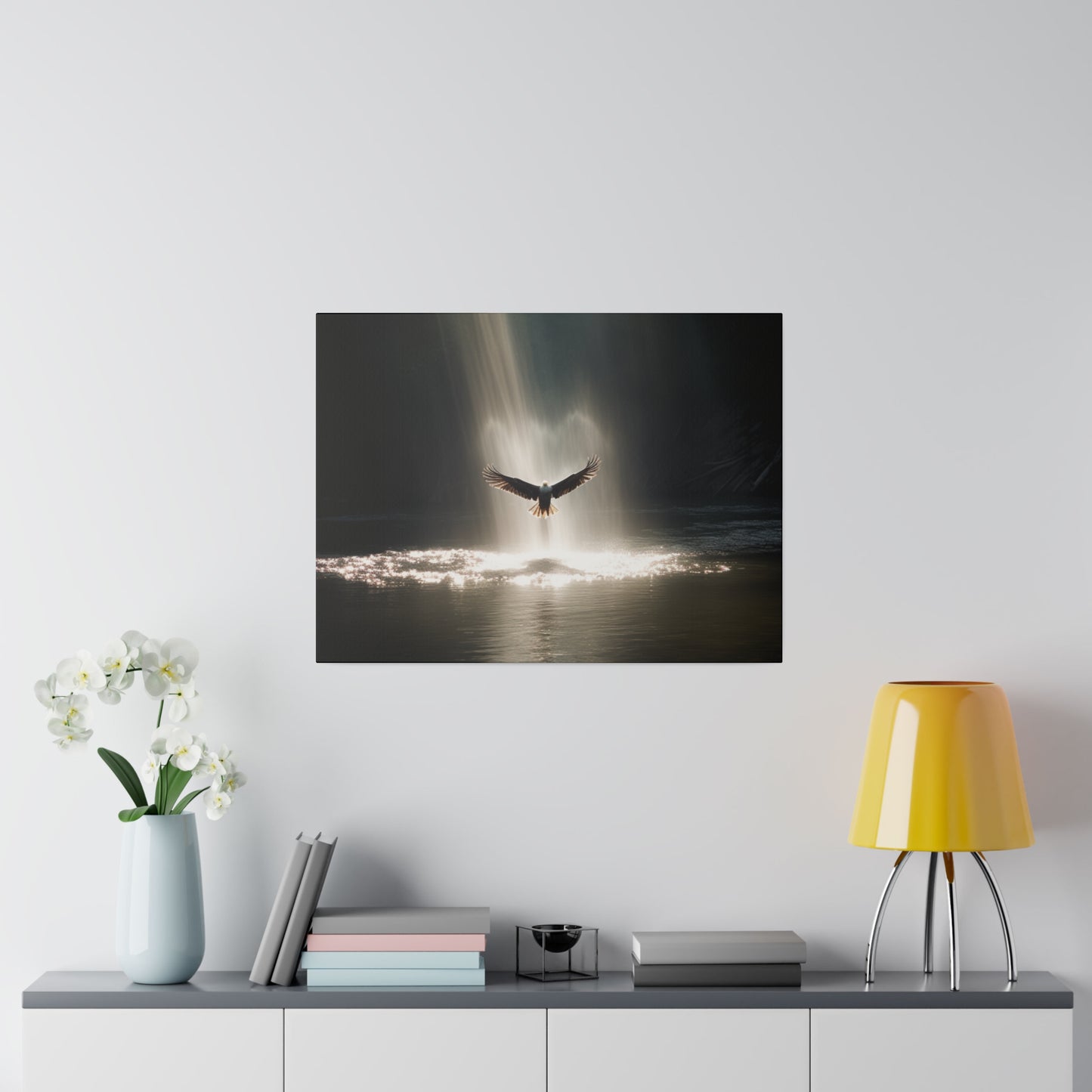 Majestic Soar Eagle Emerges from Lake, Glorious Canvas Print Wall Art Matte Canvas Ready to Hang Stretched Soar, Fly, Water, Rays of Light
