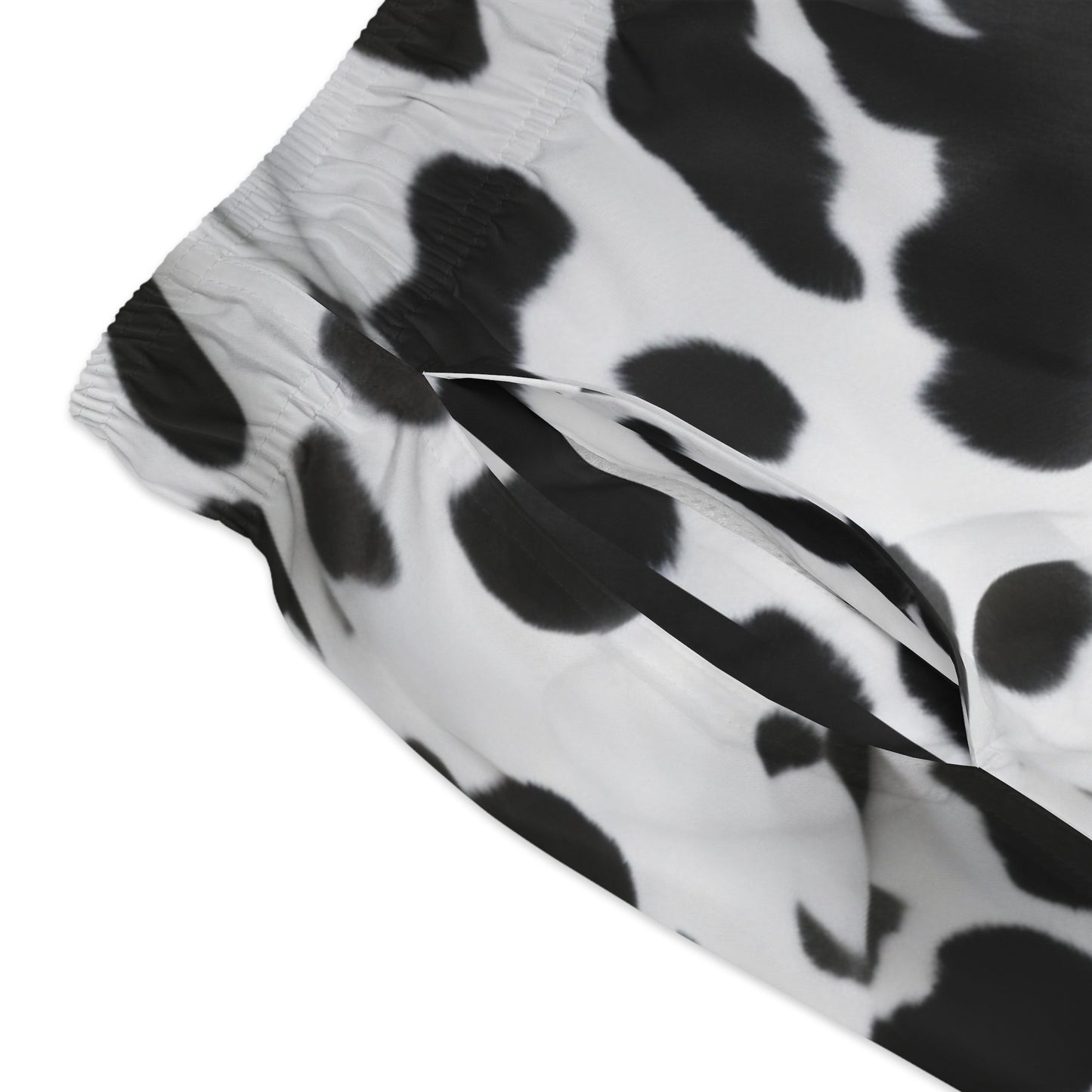 Men's Swim Trunks, Chic Cow Print, Black & White, Trendy Animal Print Style, Beach/Pool Swimwear, Stylish Shorts, Fashion Statement