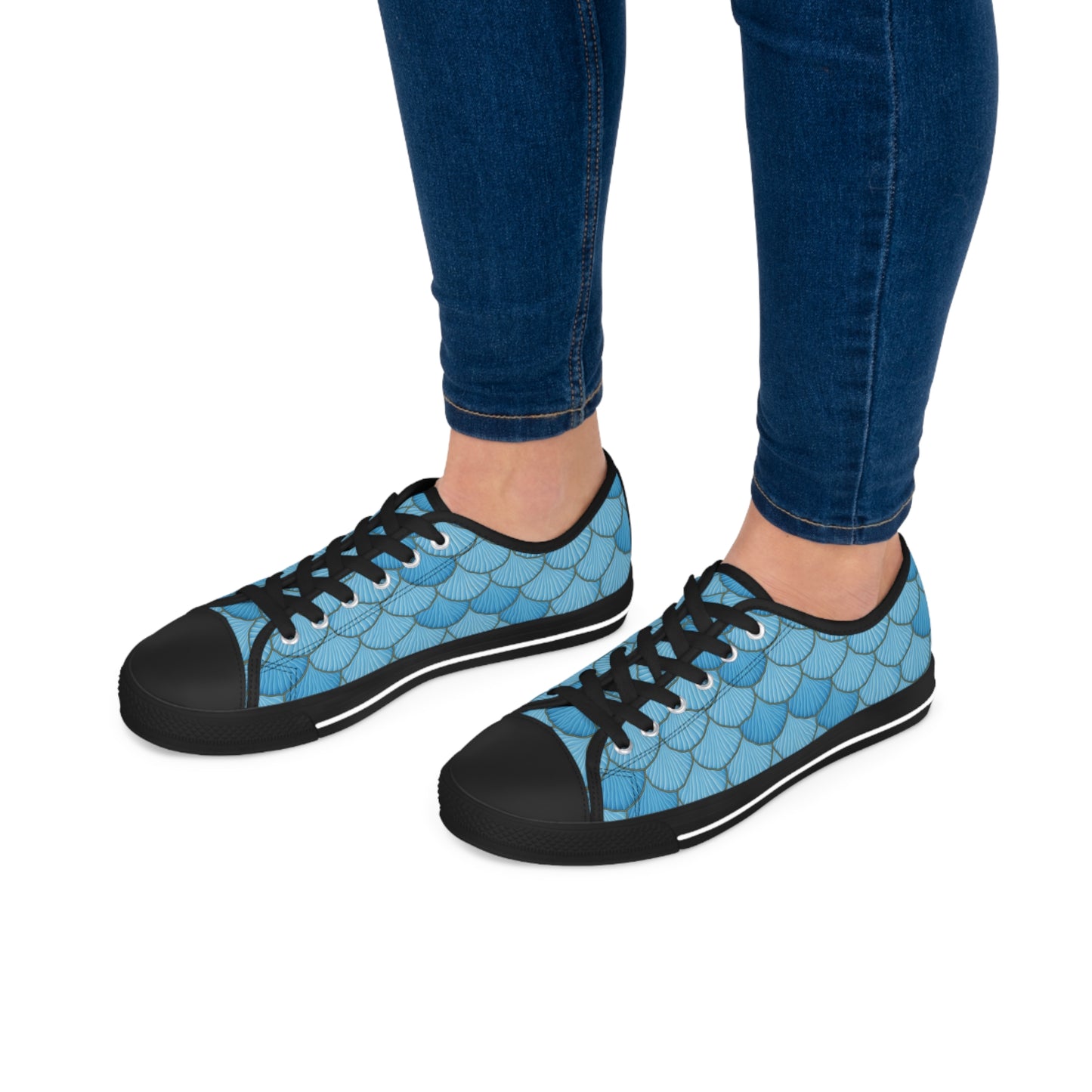 Seaside Charm: Women's Low Top Sneakers with a Blue Seashell Mermaid Twist