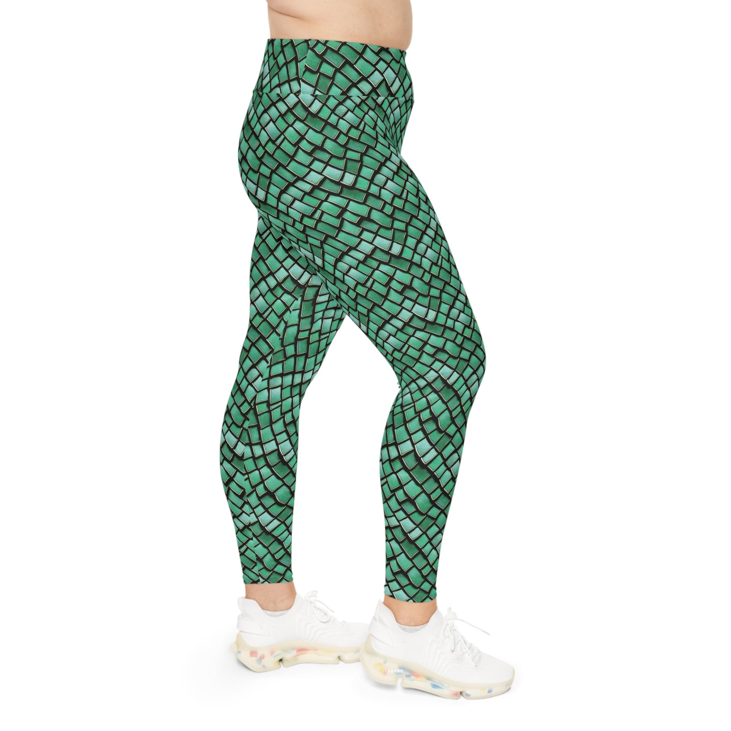 Plus Size Leggings Green Dragon Scales Mermaid Style Ocean Inspired Design - 4-Way Stretch, High-Rise Waistband, UPF 50+, Beach, Gym, Pool