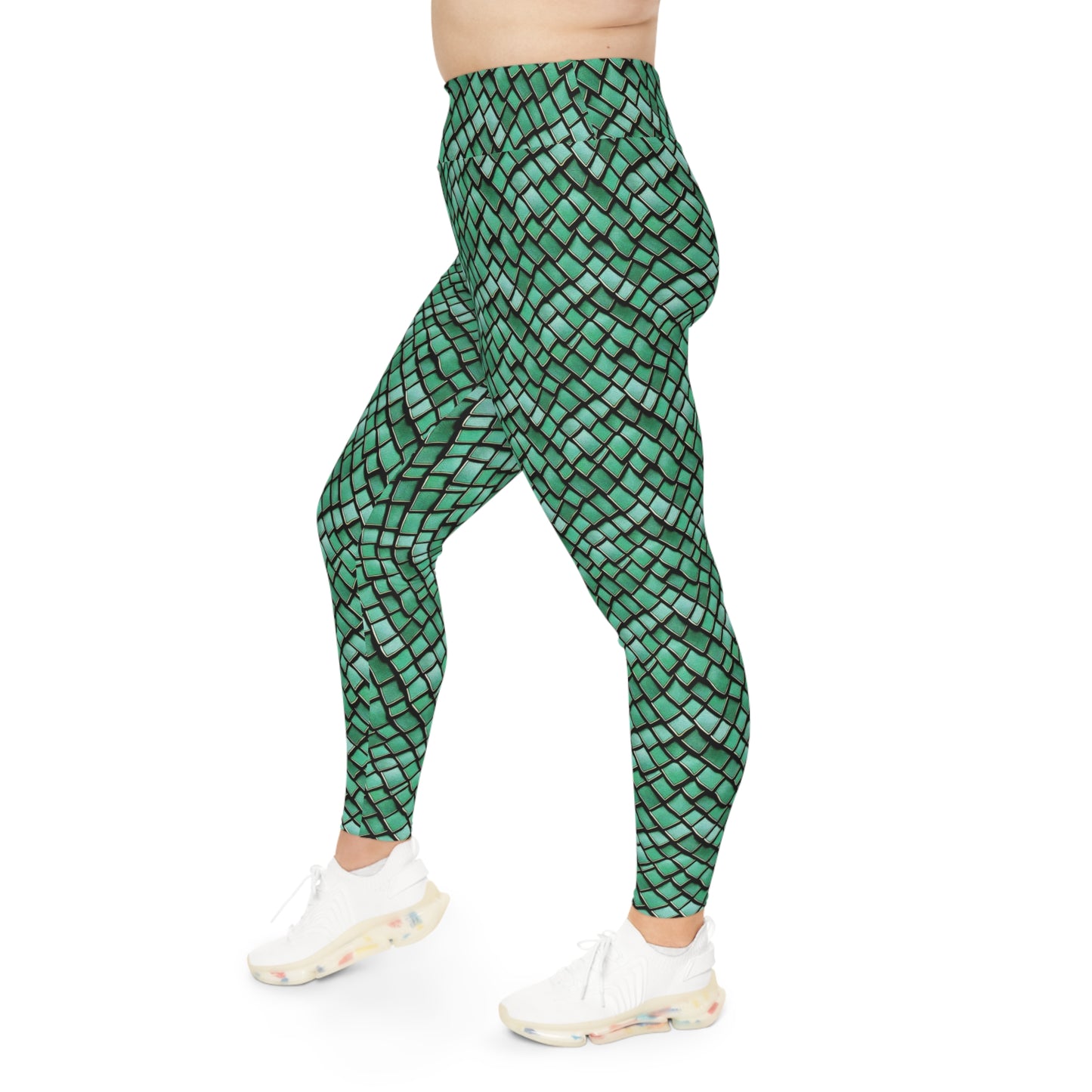 Plus Size Leggings Green Dragon Scales Mermaid Style Ocean Inspired Design - 4-Way Stretch, High-Rise Waistband, UPF 50+, Beach, Gym, Pool