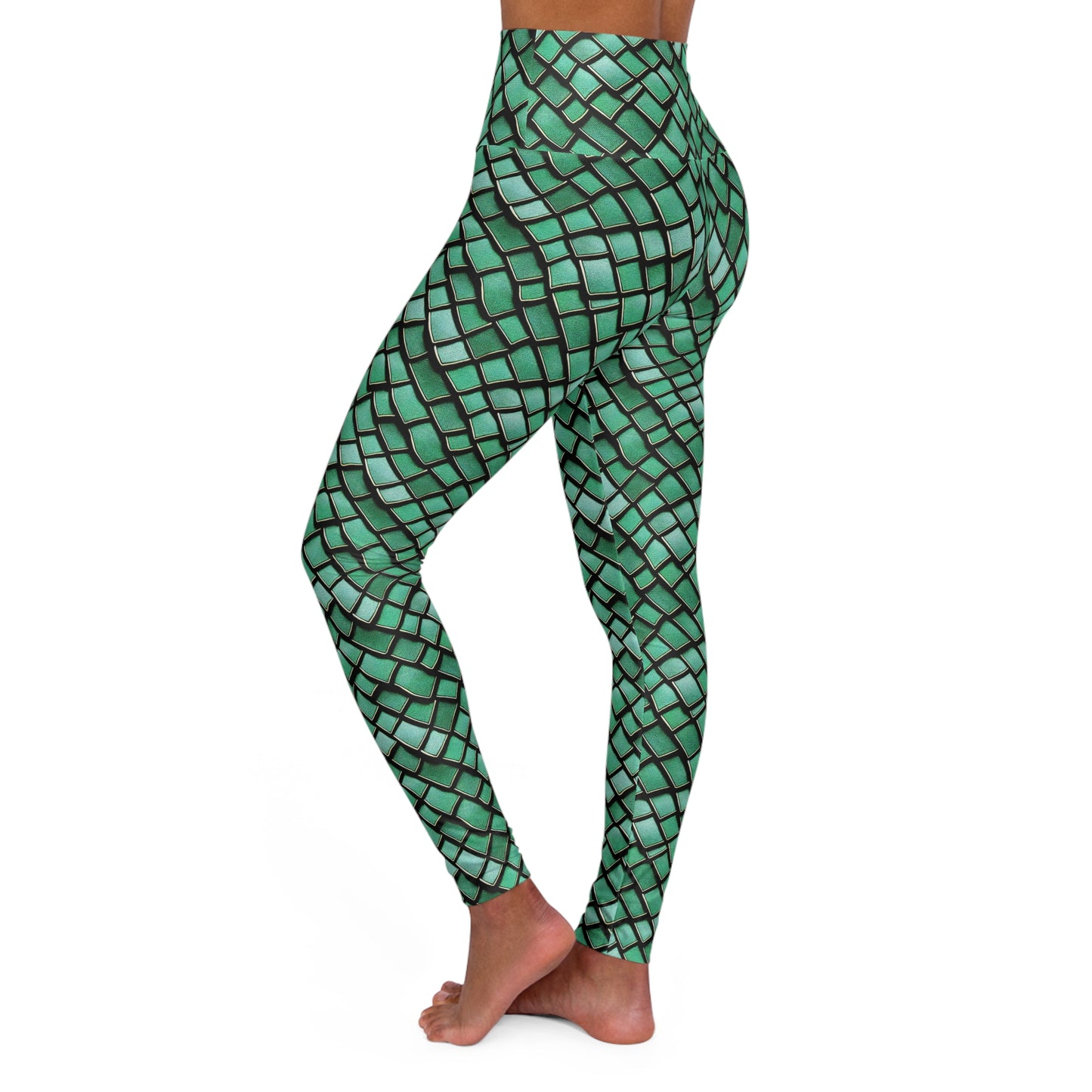 High Waisted Green Dragon Scale Mermaid Style Leggings - Ocean and Dragon-Inspired Scales, Athleticwear, Gym wear, Stylish Yoga Pants!