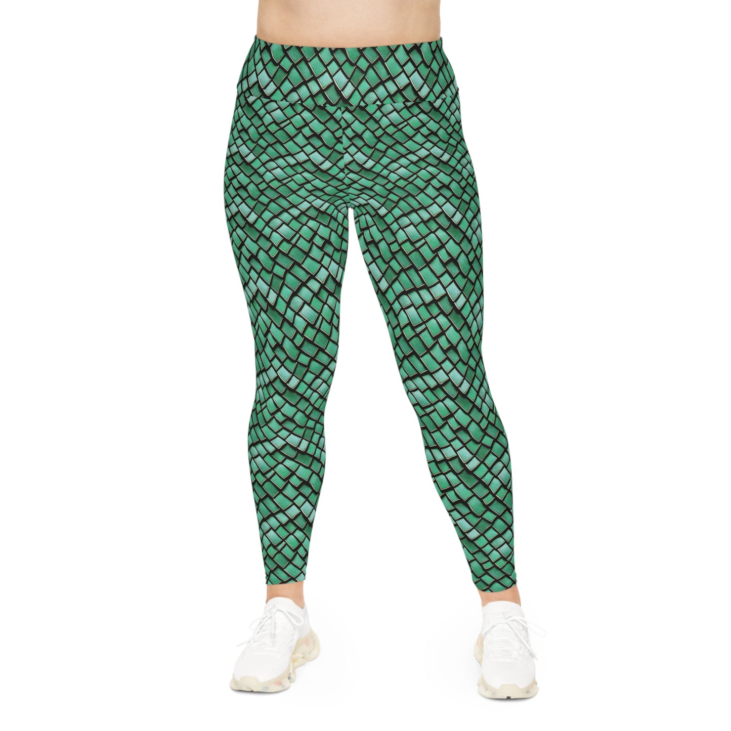 Plus Size Leggings Green Dragon Scales Mermaid Style Ocean Inspired Design - 4-Way Stretch, High-Rise Waistband, UPF 50+, Beach, Gym, Pool