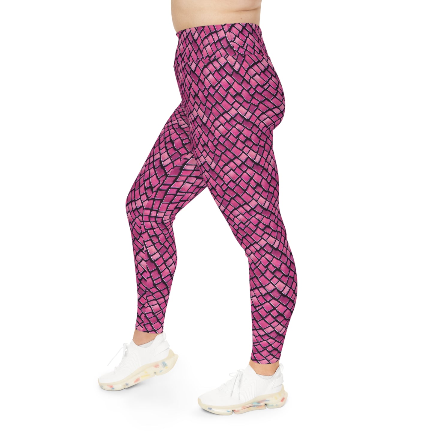 Plus Size Leggings Pink Dragon Scales Mermaid Ocean Inspired Design 4-Way Stretch, High-Rise Waistband, UPF 50+, Beach, Pool, Workout, Gym