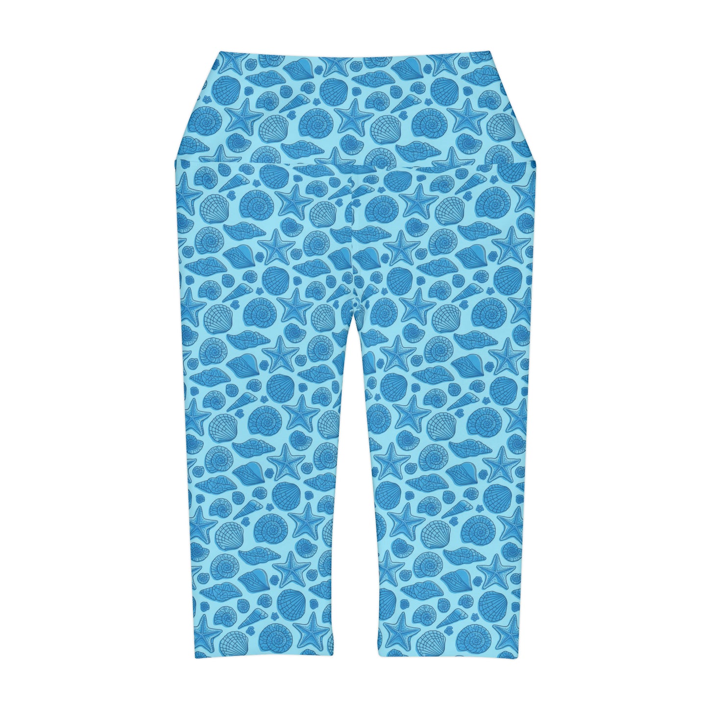 Blue Starfish Seashell Mermaid Yoga Capri Leggings - Personalized Workout and Casual Wear, Ocean Beach Lover, Gym, Workout, Home, Lounge,