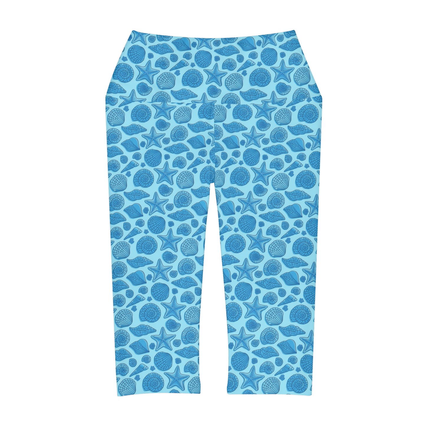 Blue Starfish Seashell Mermaid Yoga Capri Leggings - Personalized Workout and Casual Wear, Ocean Beach Lover, Gym, Workout, Home, Lounge,