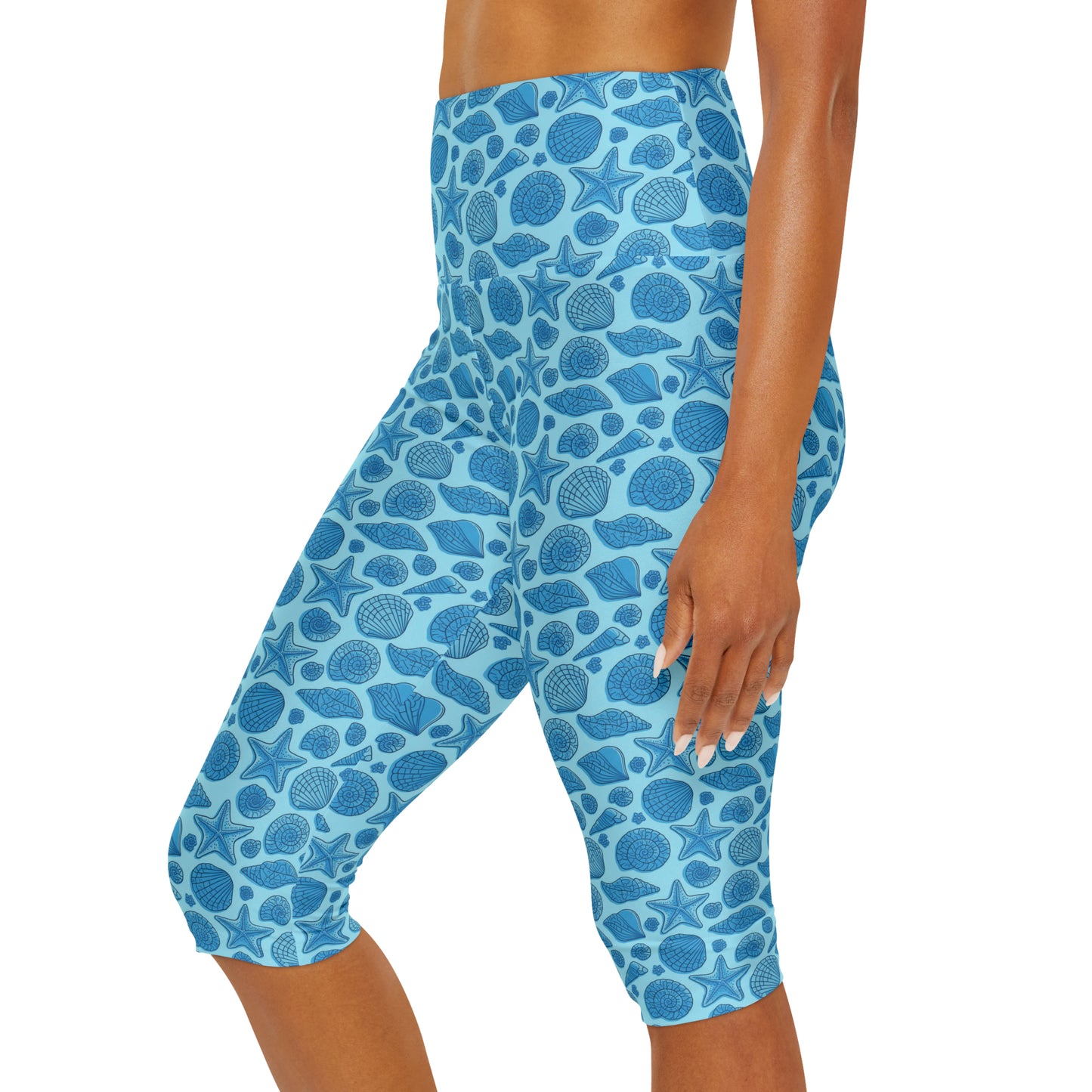 Blue Starfish Seashell Mermaid Yoga Capri Leggings - Personalized Workout and Casual Wear, Ocean Beach Lover, Gym, Workout, Home, Lounge,