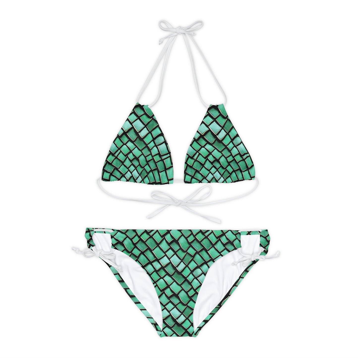 Green Dragon Scales Strappy Bikini Set, Ocean Inspired Mermaid Design, Hit the Beach or Pool in Trendy Style, Gift Woman Girl Mom Beachwear