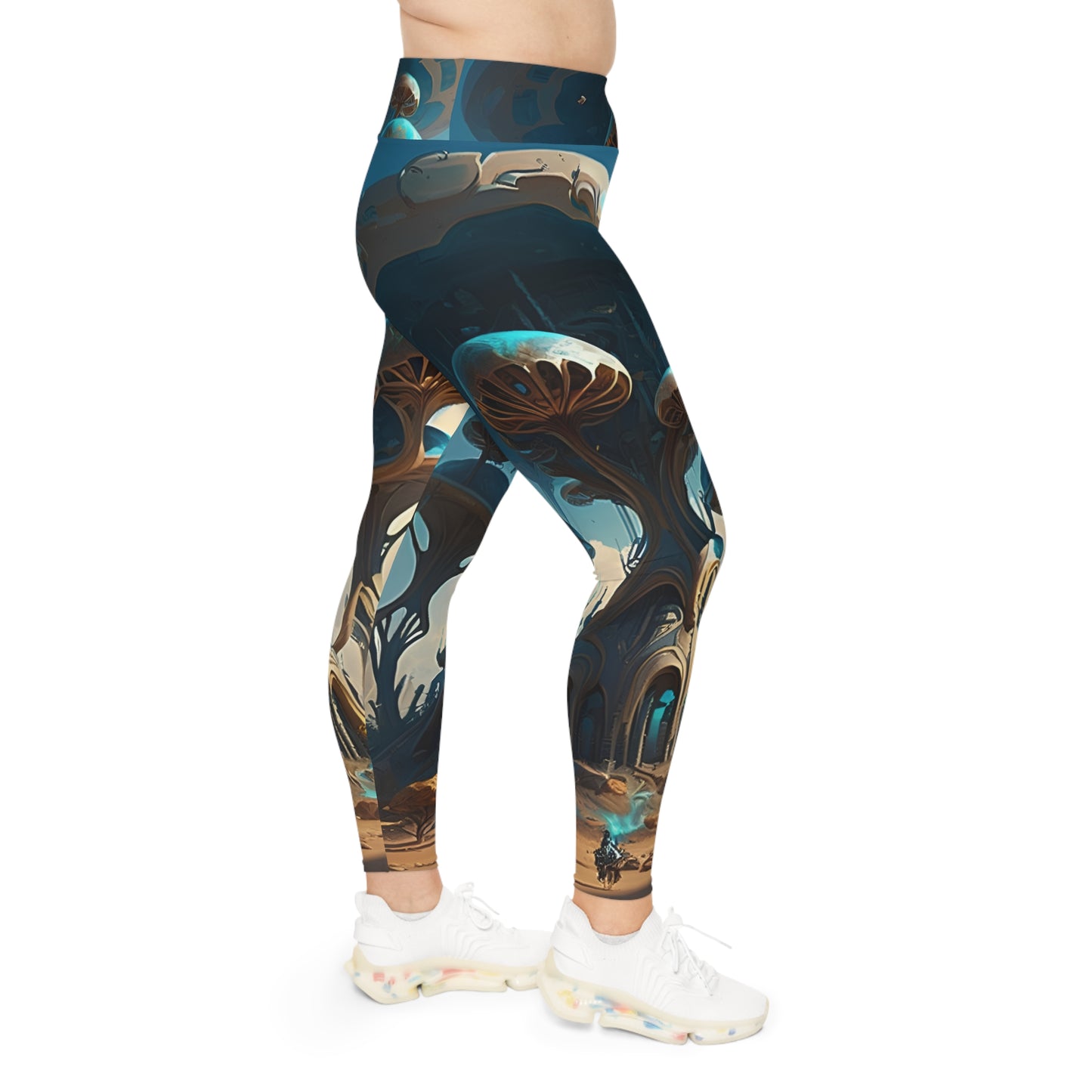 Plus Size Leggings - Futuristic Mushrooms - Magical Mystical Unique Fashion - 4-Way Stretch, High-Rise Waistband, Statement Piece, Yoga Pants, Woman Girl