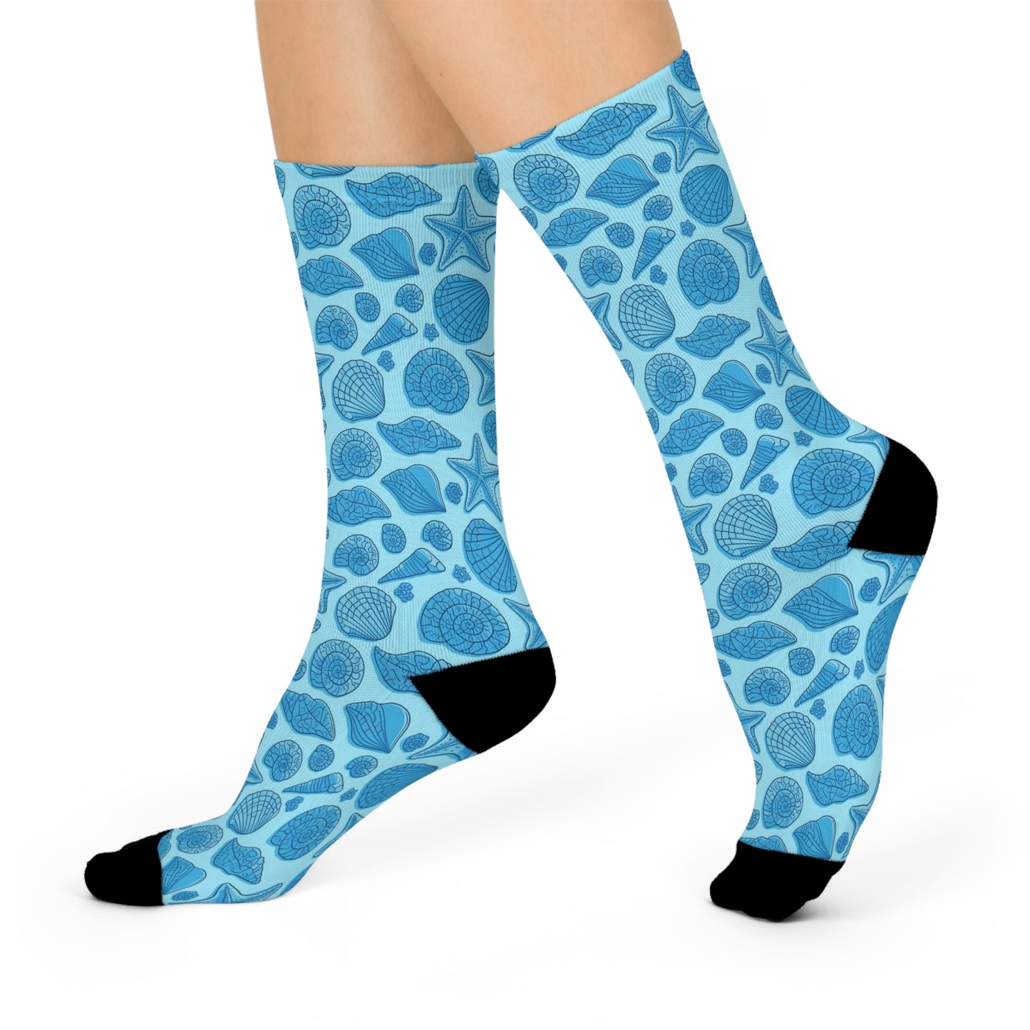 Cushioned Crew Socks | Comfortable Fit | One Size | Blue Mermaid Seashell Starfish Design, Ocean Beach Socks