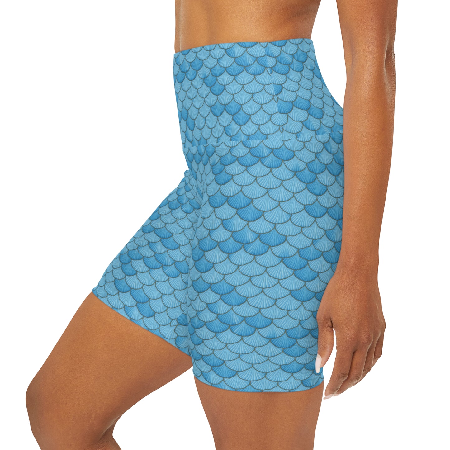 High-Waisted Yoga Shorts | Blue Seashell Mermaid Design | Butter-Soft Fabric, Workout Attire, Yoga Shorts