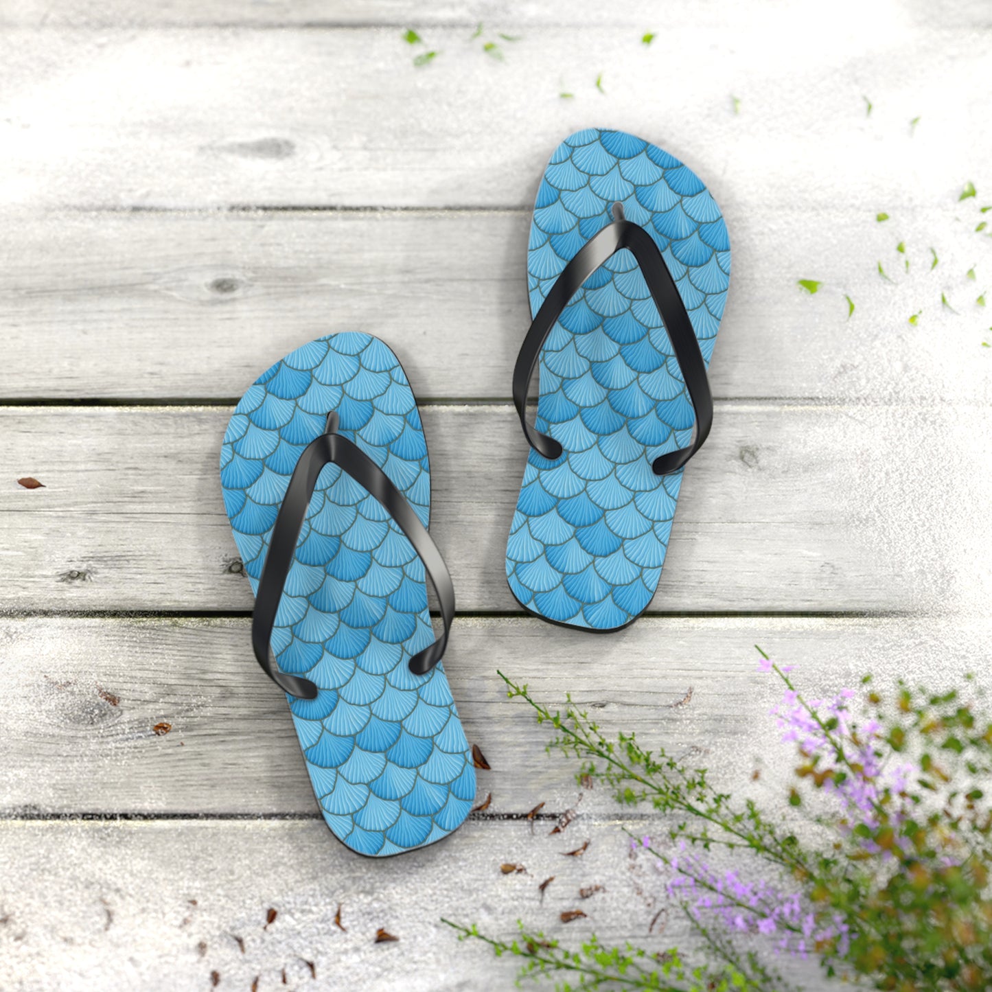 Get Your Flip Flop Game On - Stand Out with Custom Blue Seashell Mermaid Flip Flops! Beach, Home, Work School Fun
