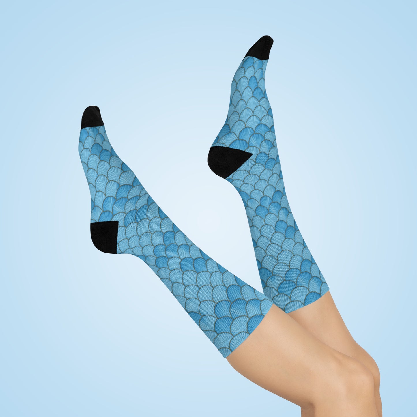 Cushioned Crew Socks | Comfortable Fit | One Size | Blue Seashell Mermaid Design