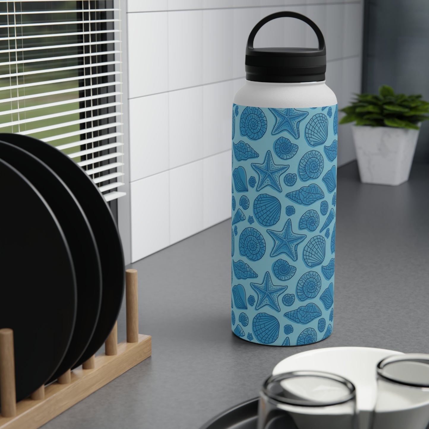 Dive into Enchantment with Blue Mermaid Starfish Seashell Stainless Steel Reusable Water Bottle, Handle Lid, Insulated, Sustainable Living