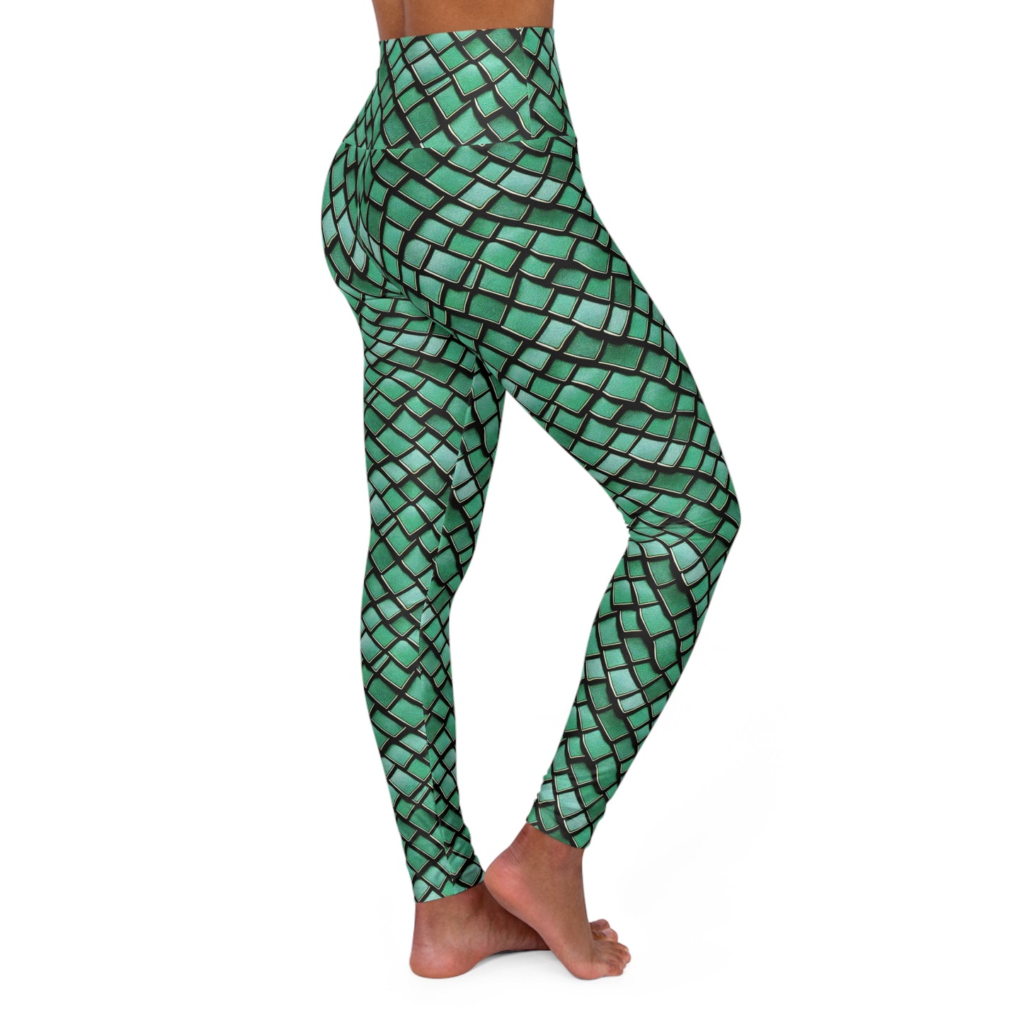 High Waisted Green Dragon Scale Mermaid Style Leggings - Ocean and Dragon-Inspired Scales, Athleticwear, Gym wear, Stylish Yoga Pants!