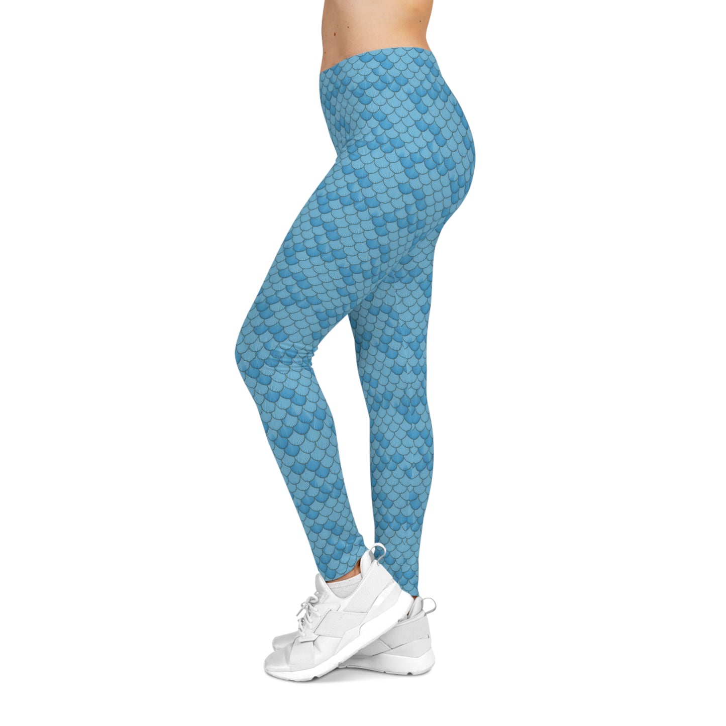 Low Waist Blue Seashell Mermaid Design - Women's Casual Leggings - Smooth & Comfortable, Gym Gear, Workout, Yoga, Stylish, Ocean Lover