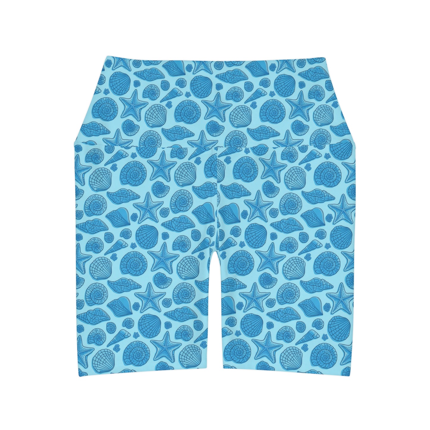 Ocean Inspired Blue Mermaid Starfish Seashell High Waisted Yoga Shorts, Workout Gear, Beach/Pool Comfort