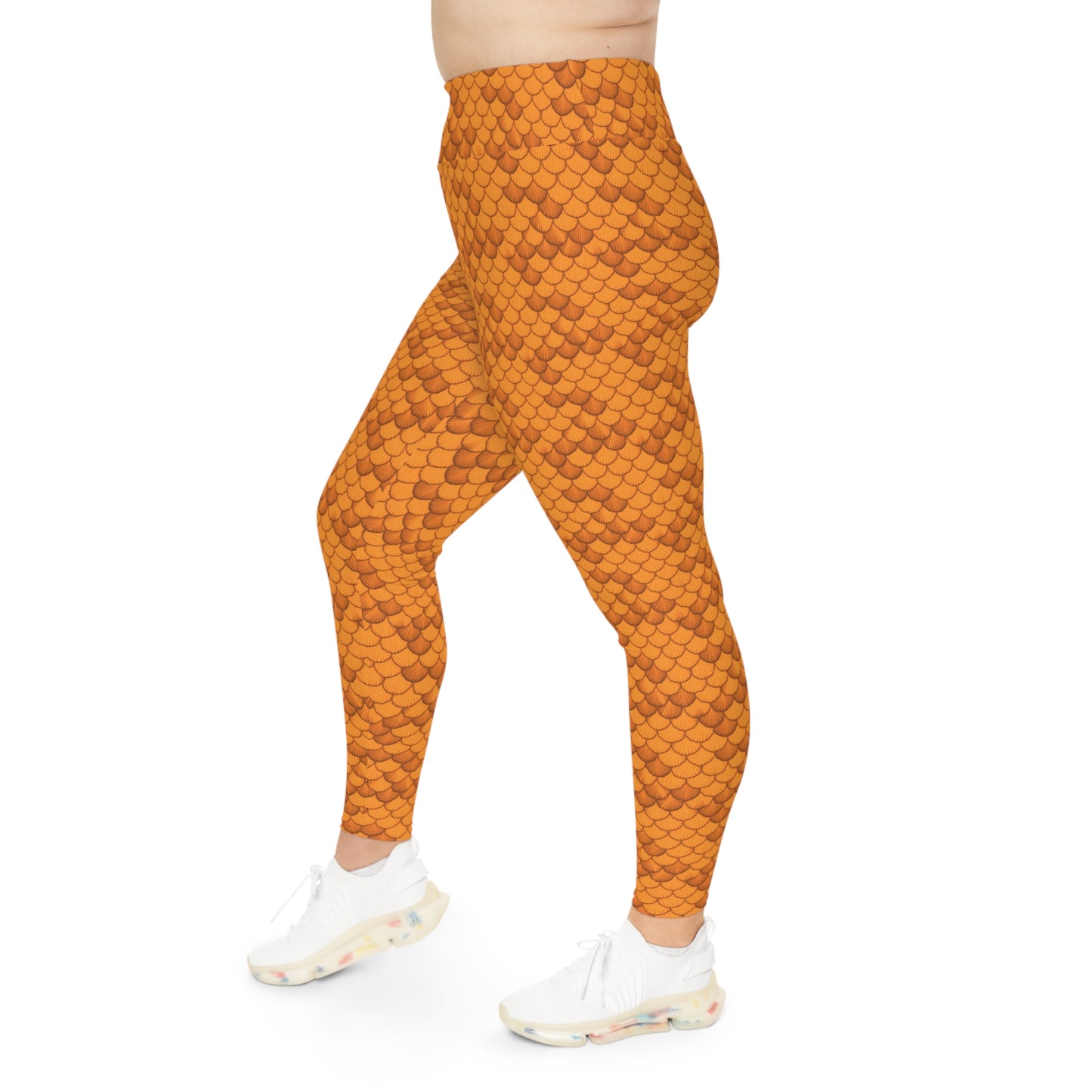 High Waisted Plus Size Leggings - Orange Seashell Mermaid Inspired - Ocean Magical Mystical Design - 4-Way Stretch, High-Rise Waistband, UPF 50+