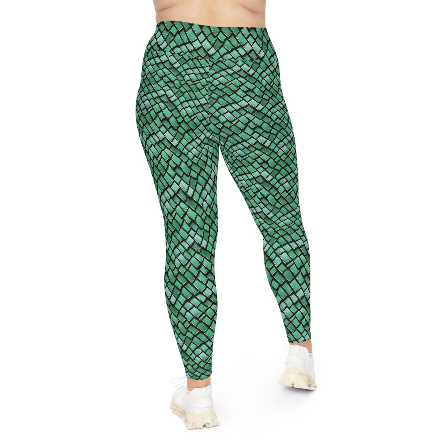 Plus Size Leggings Green Dragon Scales Mermaid Style Ocean Inspired Design - 4-Way Stretch, High-Rise Waistband, UPF 50+, Beach, Gym, Pool