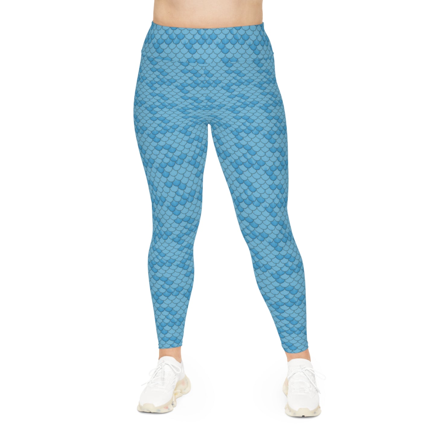 Plus Size Leggings - Blue Seashell Mermaid Scales Design - 4-Way Stretch, High-Rise Waistband, UPF 50+, Workout, Activewear, Stylish Fashion