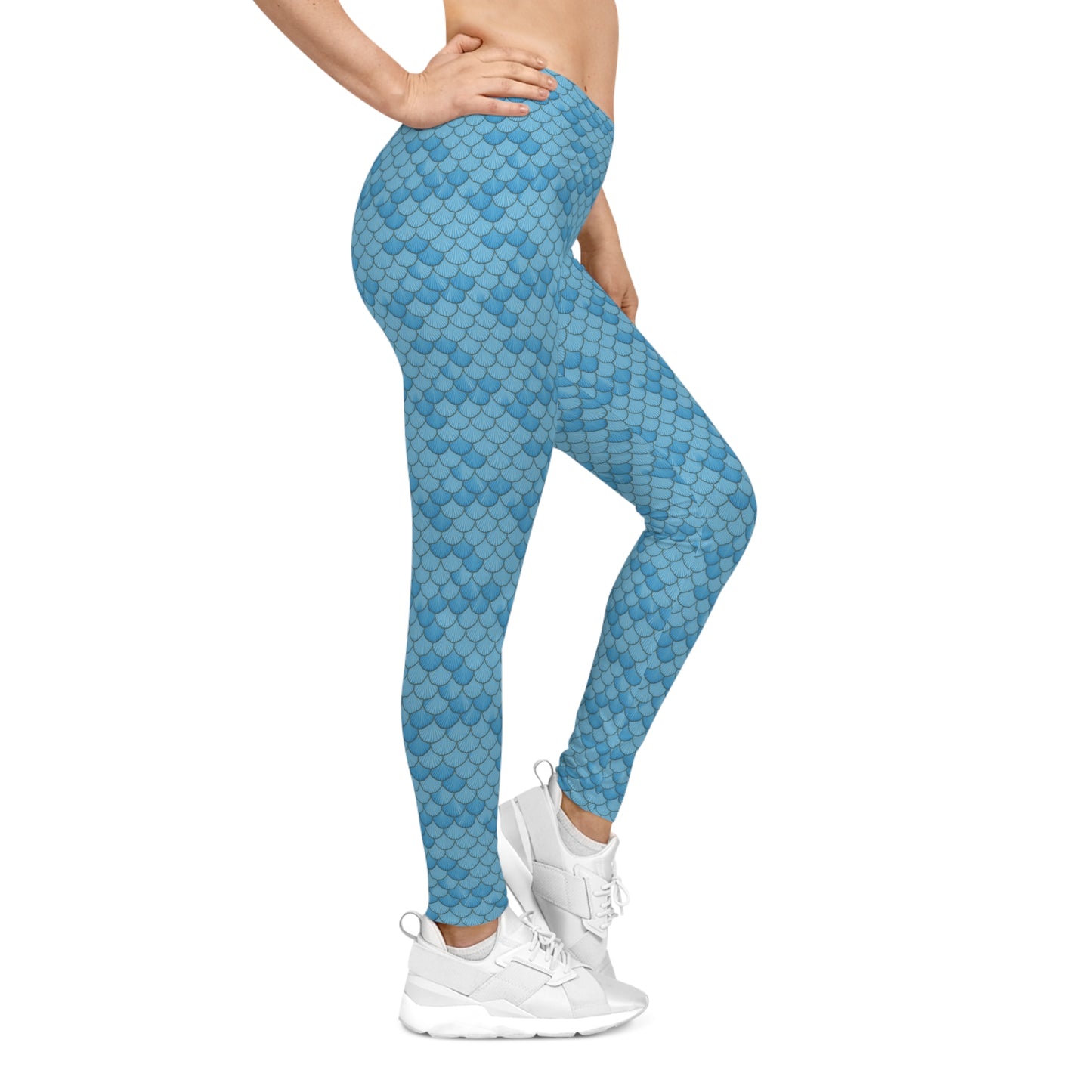 Low Waist Blue Seashell Mermaid Design - Women's Casual Leggings - Smooth & Comfortable, Gym Gear, Workout, Yoga, Stylish, Ocean Lover
