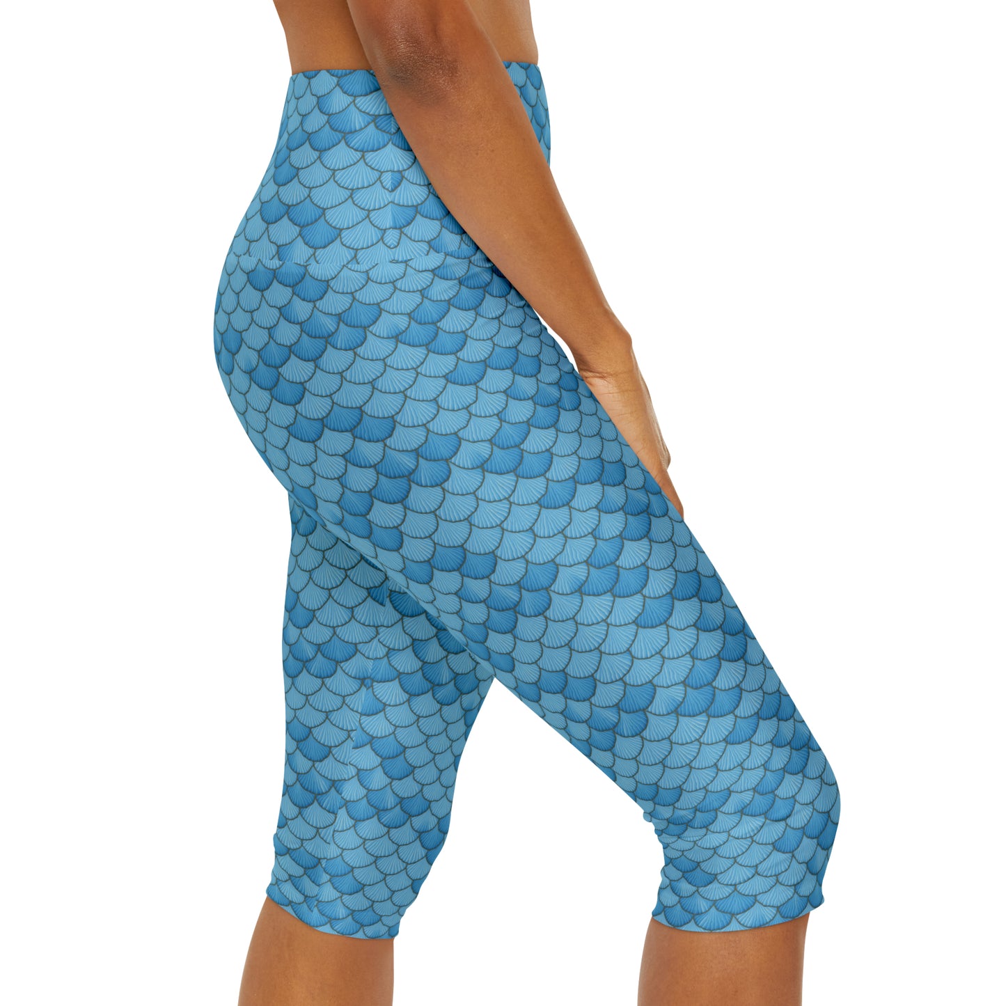 High Waisted Blue Seashell Mermaid Yoga Capri Leggings. Gym, Bike, Workout, Lounge