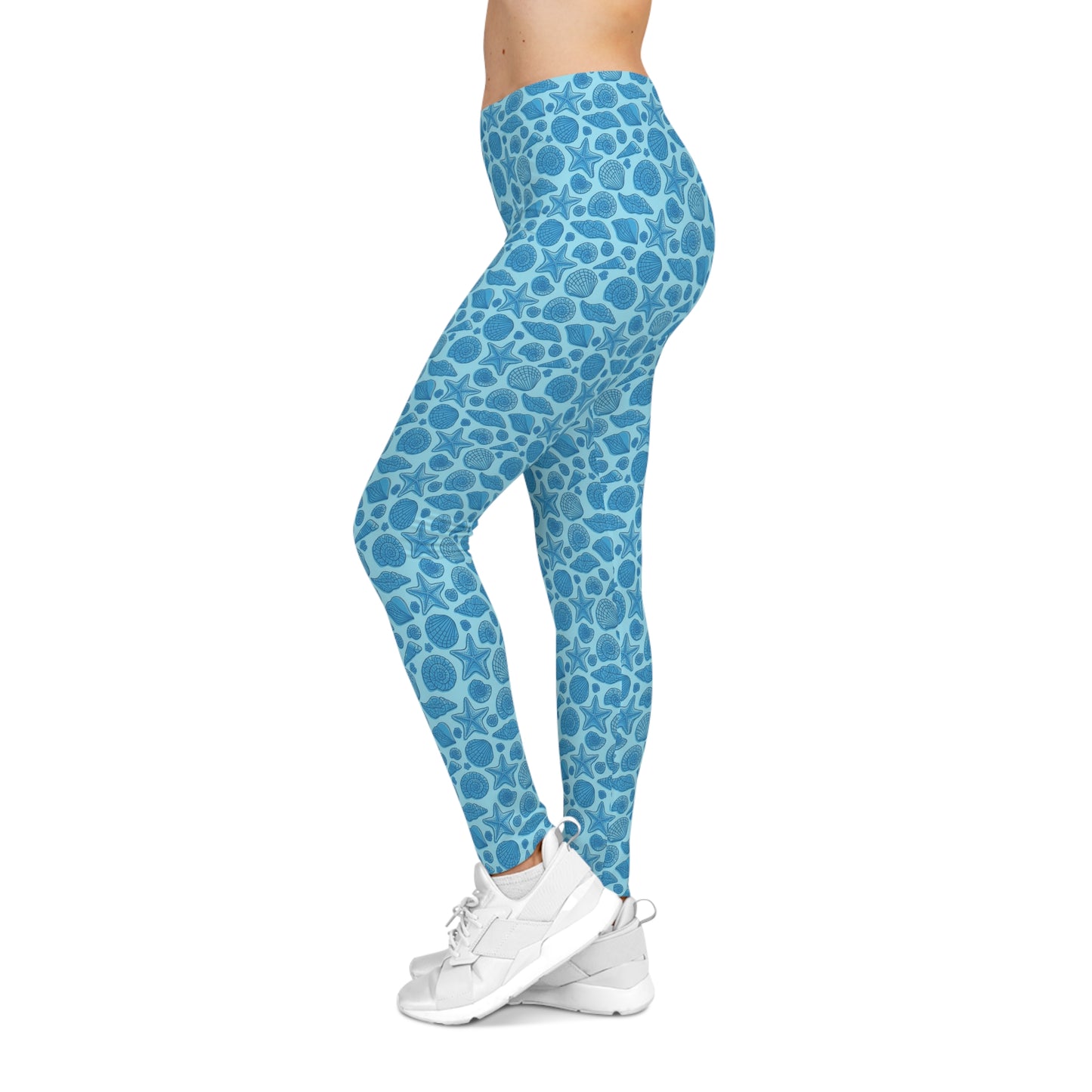 Low Waist Mermaid Dreams Leggings - Blue with Starfish and Seashell Print - Women's Casual Wear, Gym, Yoga, Workout, Beach, Party Pants